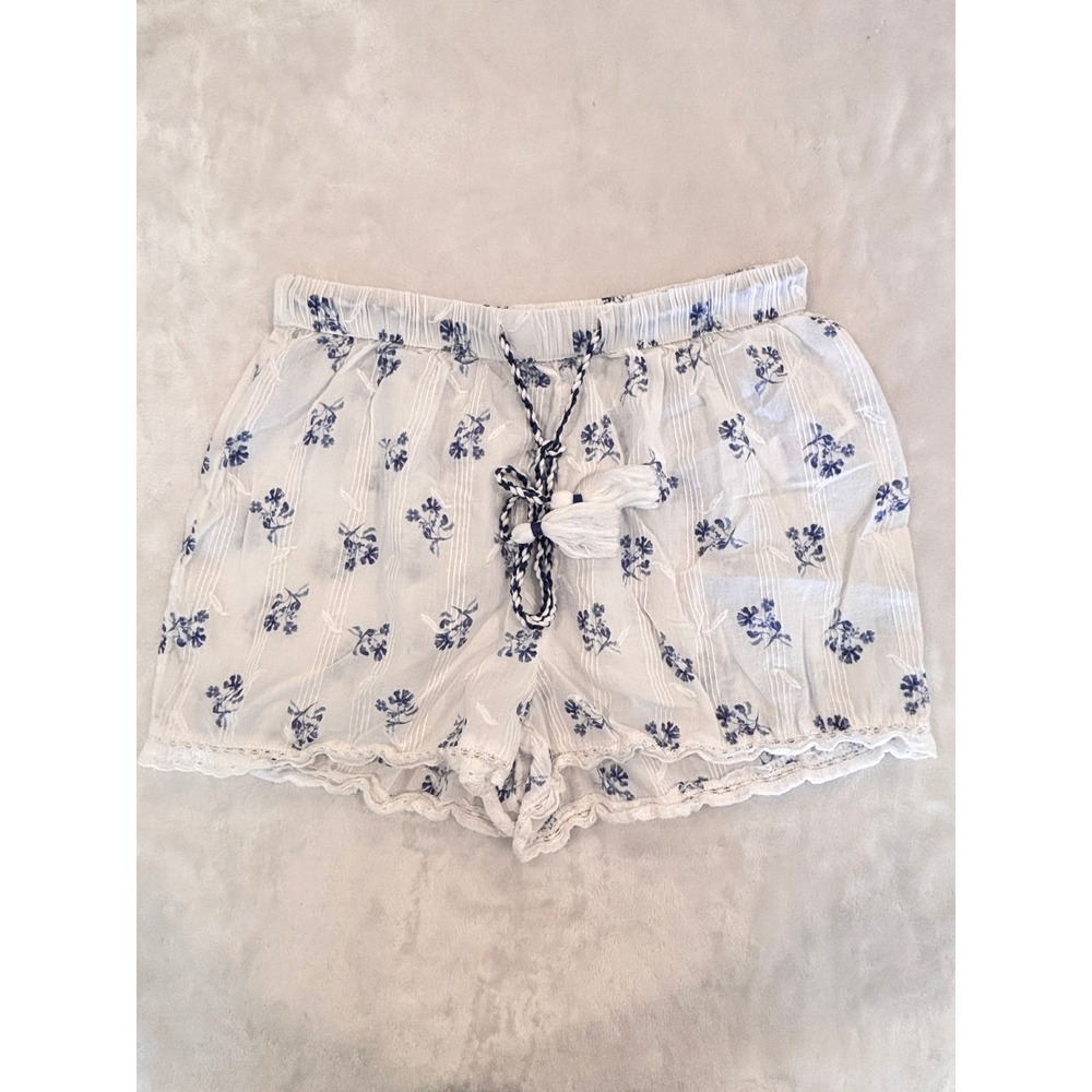 Joie Blue White Floral Cotton Dobby Shorts Tassel Drawstring Lace Trim Small